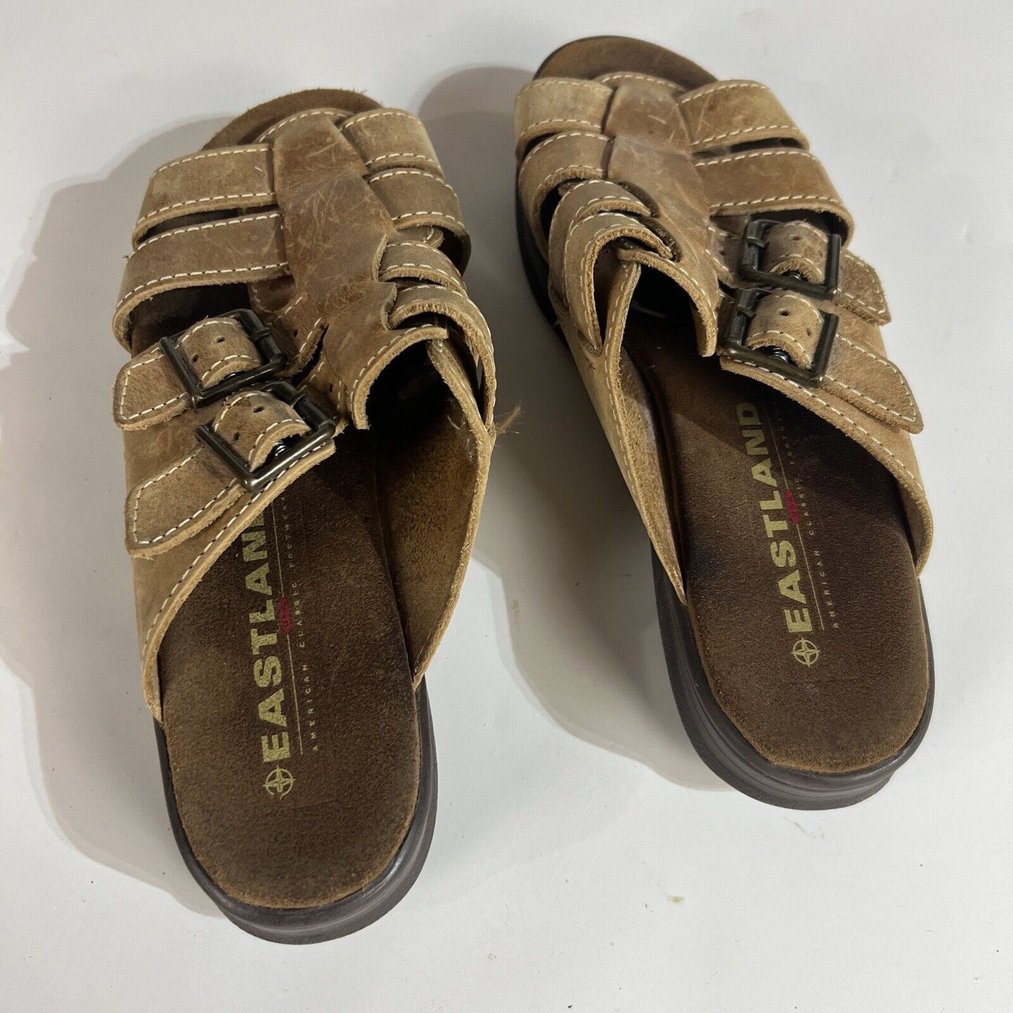 Eastland Leather Sandals Women’s Sixe 9 Beige Slip On Casual Made In USA