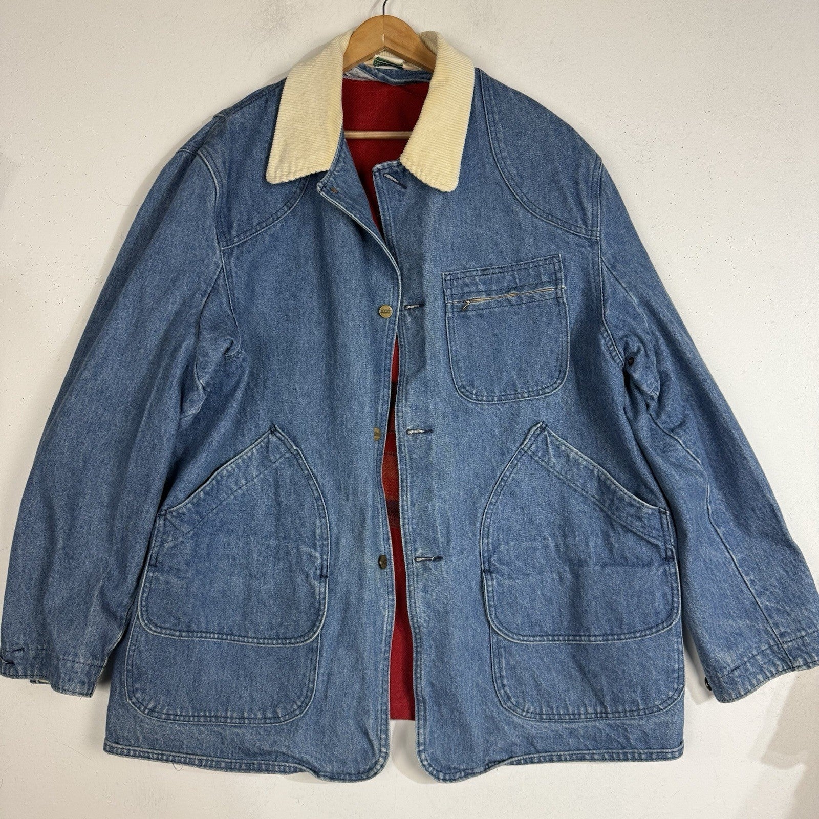 Vintage L.L. Bean Denim Chore Jean Jacket 2XL Blue Fleece Lined Made In USA